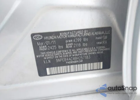 2011 Hyundai Sonata Gls z USA, uszkodzony, nr VIN 5NPEB4AC4BH257183